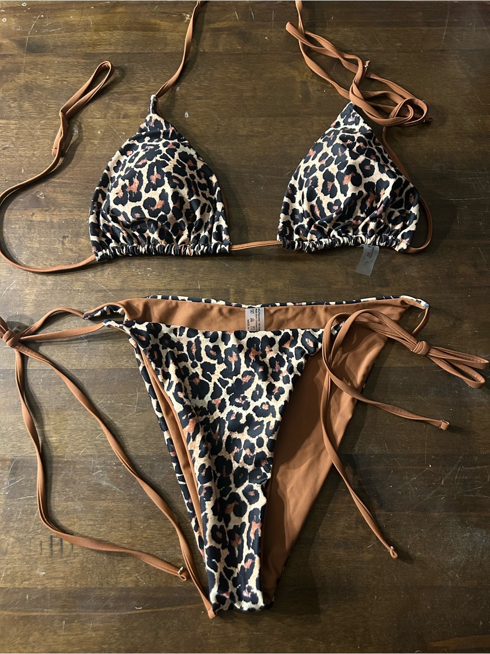NWOT Sexy Skimpy Animal Leopard Print Tri-Top Tie Side Bottom String Bikini Sz L